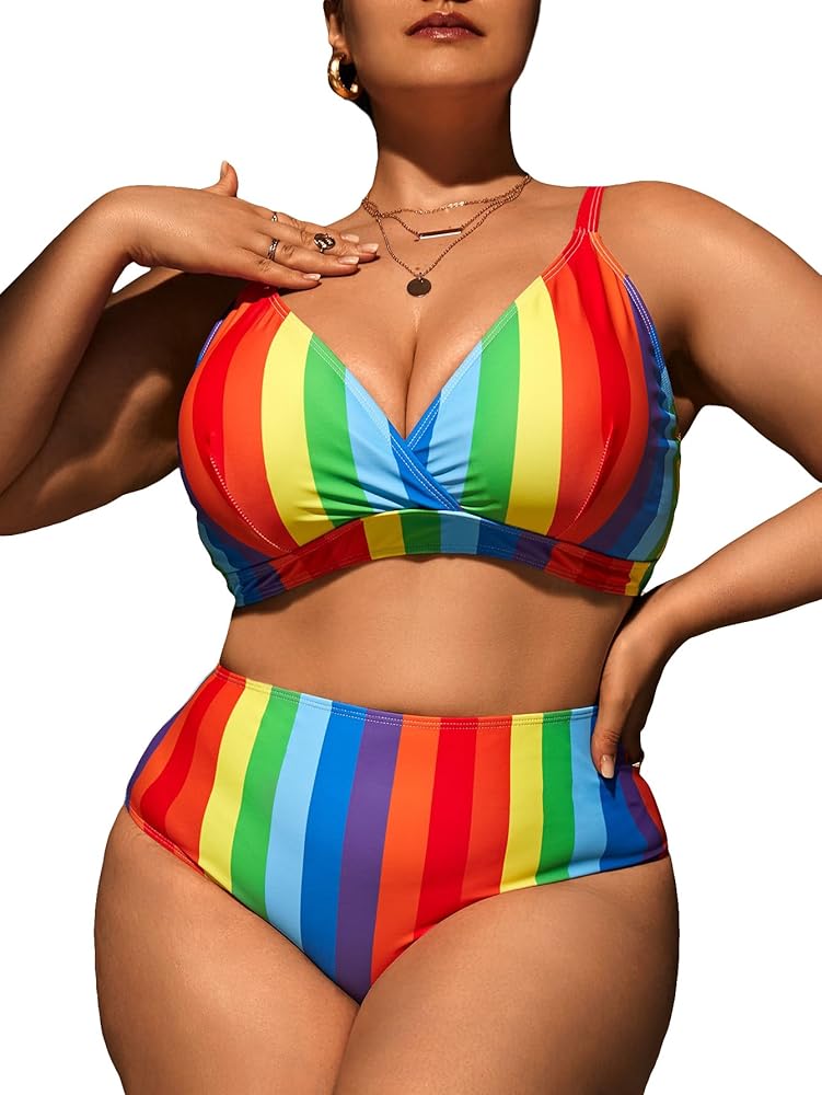 Floerns Women's Plus Size Rainbow Colorblock Striped V Neck High Waisted Swimsuit Bikini Sets