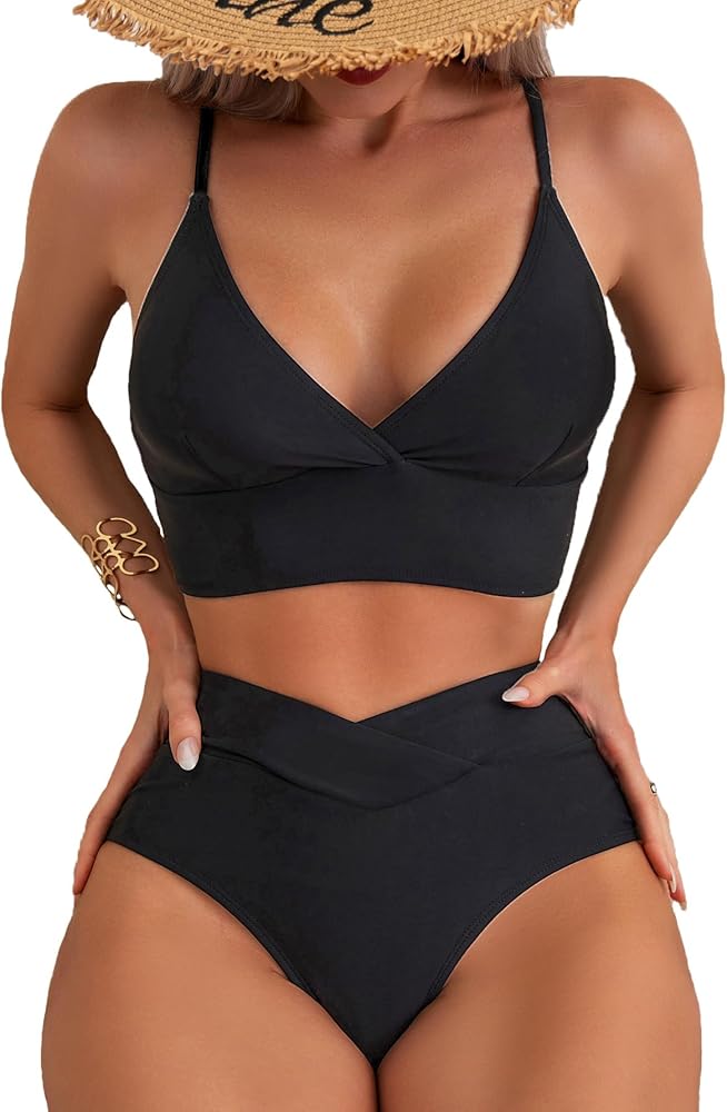 Women's High Waisted Bikini Sets Cross V Neck Two Piece Swimsuit V Cut Bottom Bathing Suits