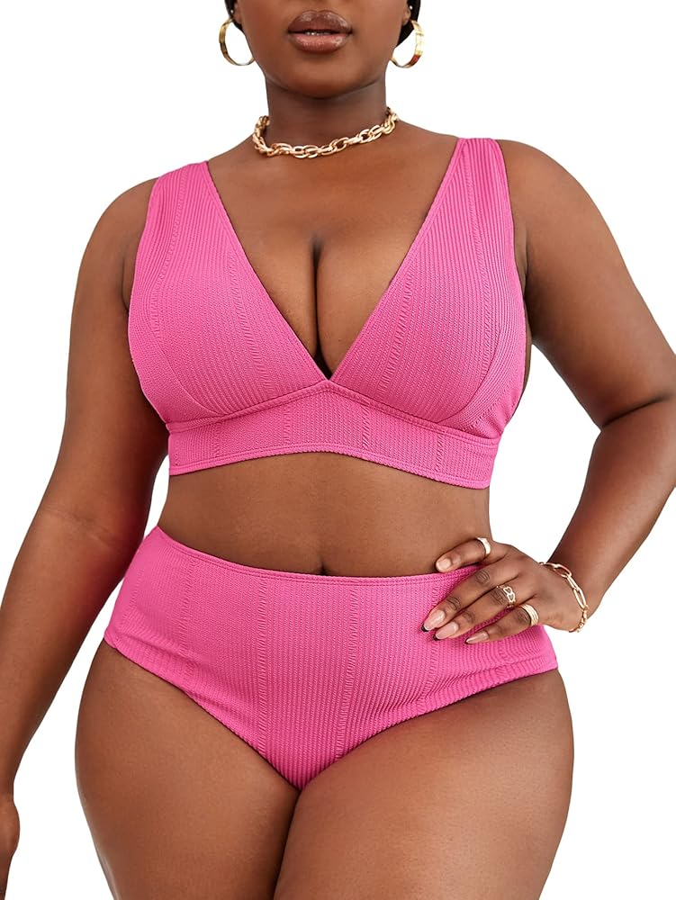 Floerns Women's Plus Size Scoop Neck High Waisted Two Piece Bathing Suit