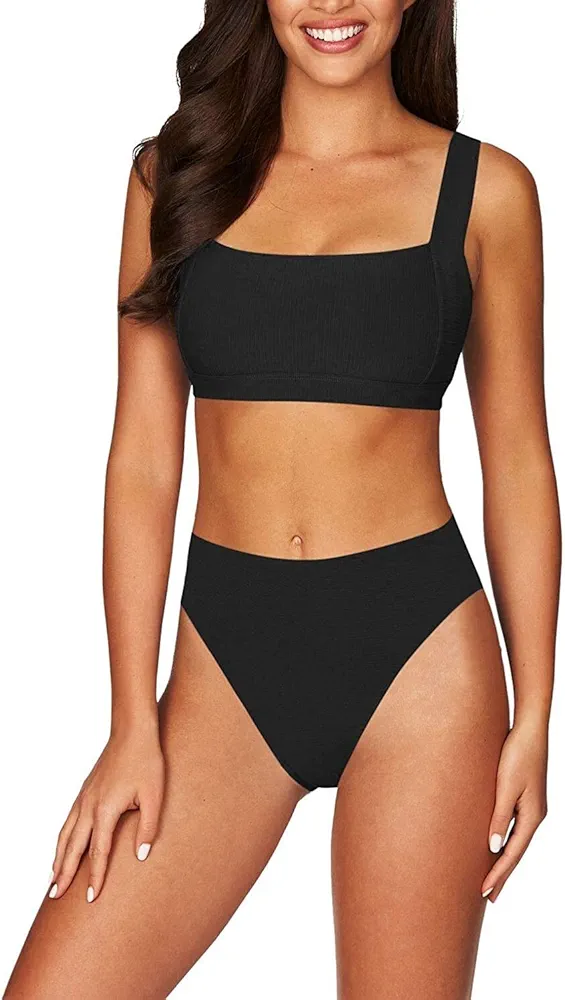 Bikini Women's Square Neck Ribbed Crop Top High Waisted Bikini Set Swimsuit Rear Buttoned Split Sling Full Cup Swimsuit Bikini Set for Women (Color : Black, Size : S)