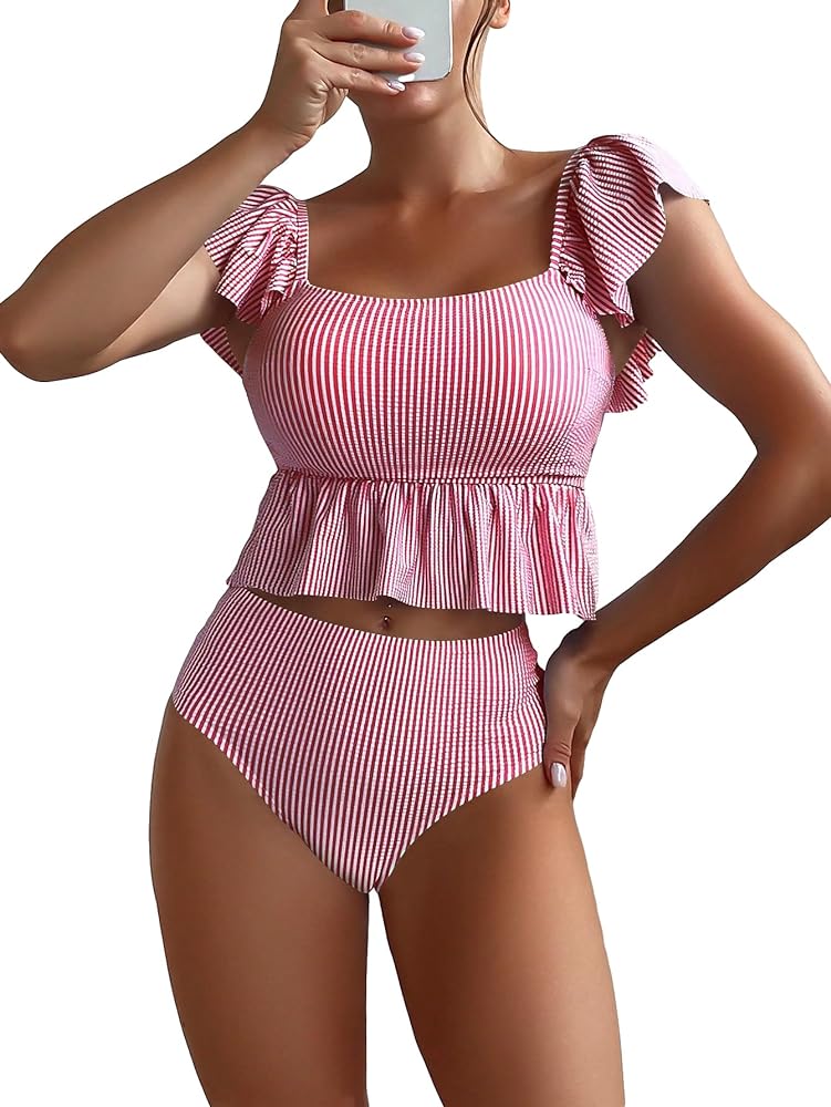 MakeMeChic Women's 2 Piece Bathing Suits Striped Ruffle Trim High Waisted Bikini Swimsuit