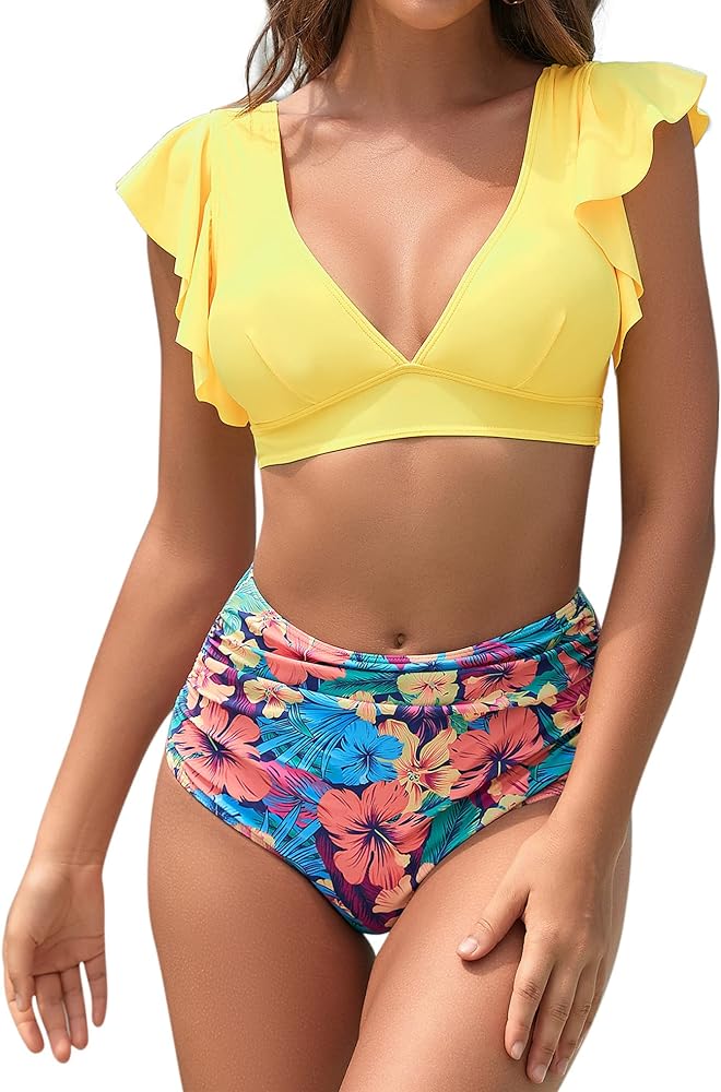 Women's V Neck Bikini Set Two Piece Ruffled Top Bathing Suits U Back Swimwear with High Waisted Ruched Swim Bottom