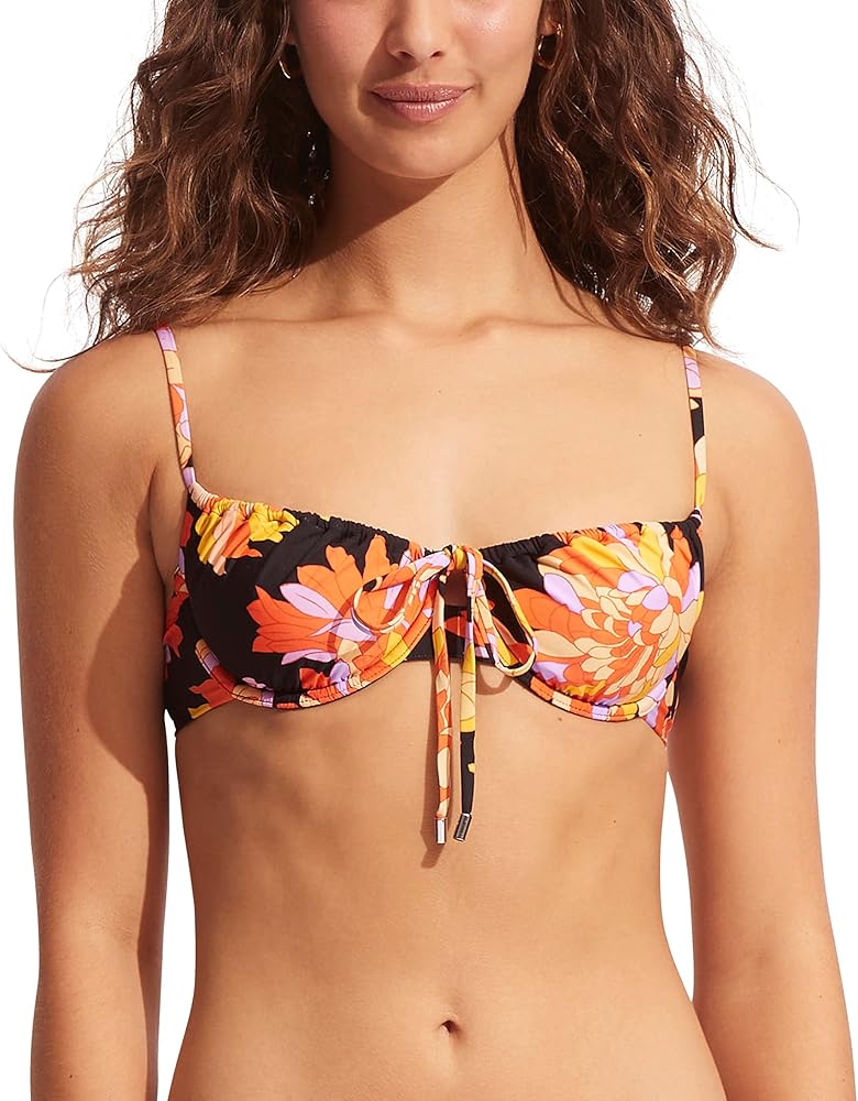 Seafolly Women's Underwire Bustier Bralette Bikini Top Swimsuit, PalmSprings Black, 12