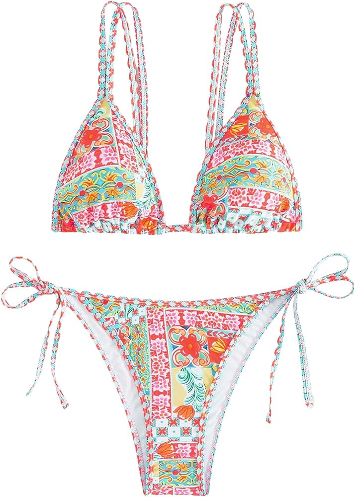 SOLY HUX Women's Bikini Sets Two Piece Swimsuits Bathing Suits Boho Floral Tie Side String Triangle Sexy Cheeky Swimwear