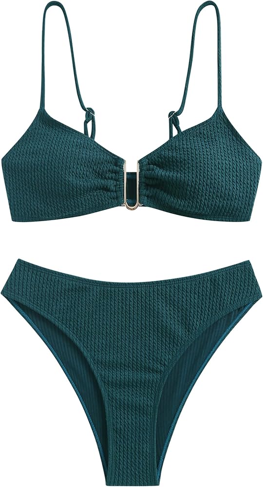 ZAFUL V Wired High Waisted Bikini Sets for Women Ribbed Cheeky Two Piece Solid Swimsuit High Cut Bathing Suit (3-Teal Green,S)