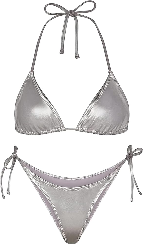 Ella Lust Metallic Bikini for Women - Silver Bathing Suit High Waisted Tie Side Thong Bottom Triangle Top Shiny Swimsuit