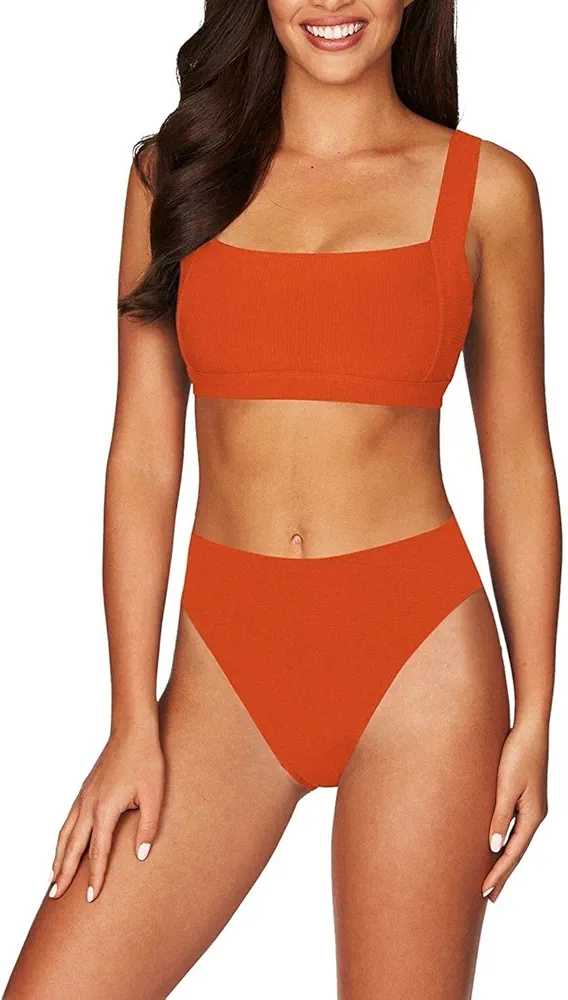 Bikini Women's Square Neck Ribbed Crop Top High Waisted Bikini Set Swimsuit Rear Buttoned Split Sling Full Cup Swimsuit Bikini Set for Women (Color : Orange, Size : S)