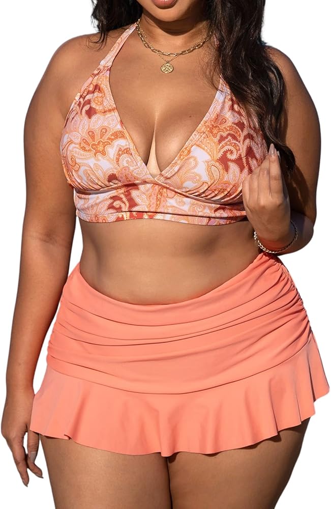 CUPSHE Women Swimsuit Plus Size Bikini Set V Neck Halter Triangle Top Back Hook Ruched Ruffle Skirt with Bottom