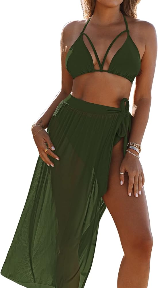 Kisscynest Women's Halter Neck Cut Out 3 Pieces Swimwear with Mesh Maxi Skirt