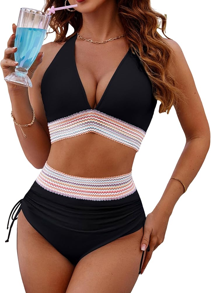 BMJL Womens High Waisted Bikini Sets Tummy Control Swimsuits Sexy V Neck Two Piece Bathing Suits 2024