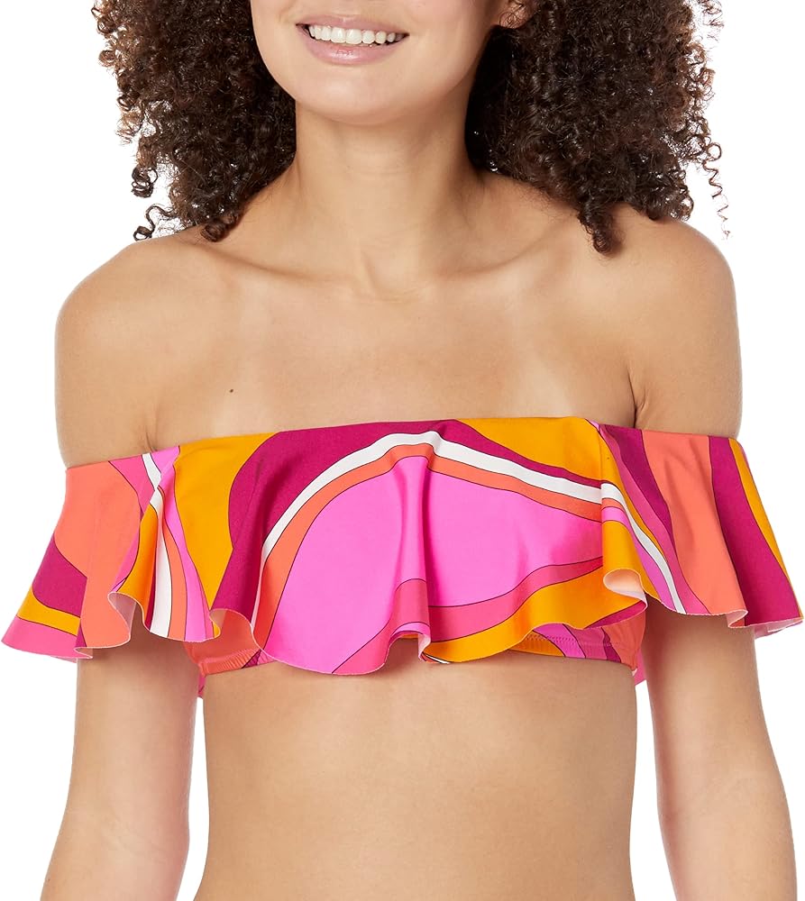 Trina Turk Women's Standard Vivid Vista Ruffled Off Shoulder Bandeau Bikini Top-Swimwear Separates