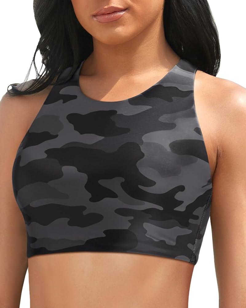 Aqua Eve Women Bikini Top Only Crop Swim Top High Neck Bathing Suit top Sports Bra Swimsuit Tops Jungle Camouflage Gray S