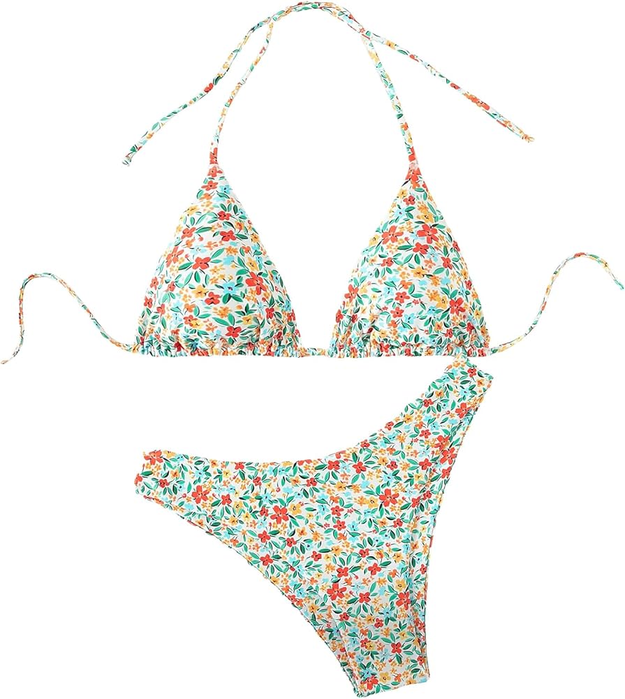 Milumia Women's 2 Piece Swimsuits Floral Print Triangle Halter High Waisted Bikini Set