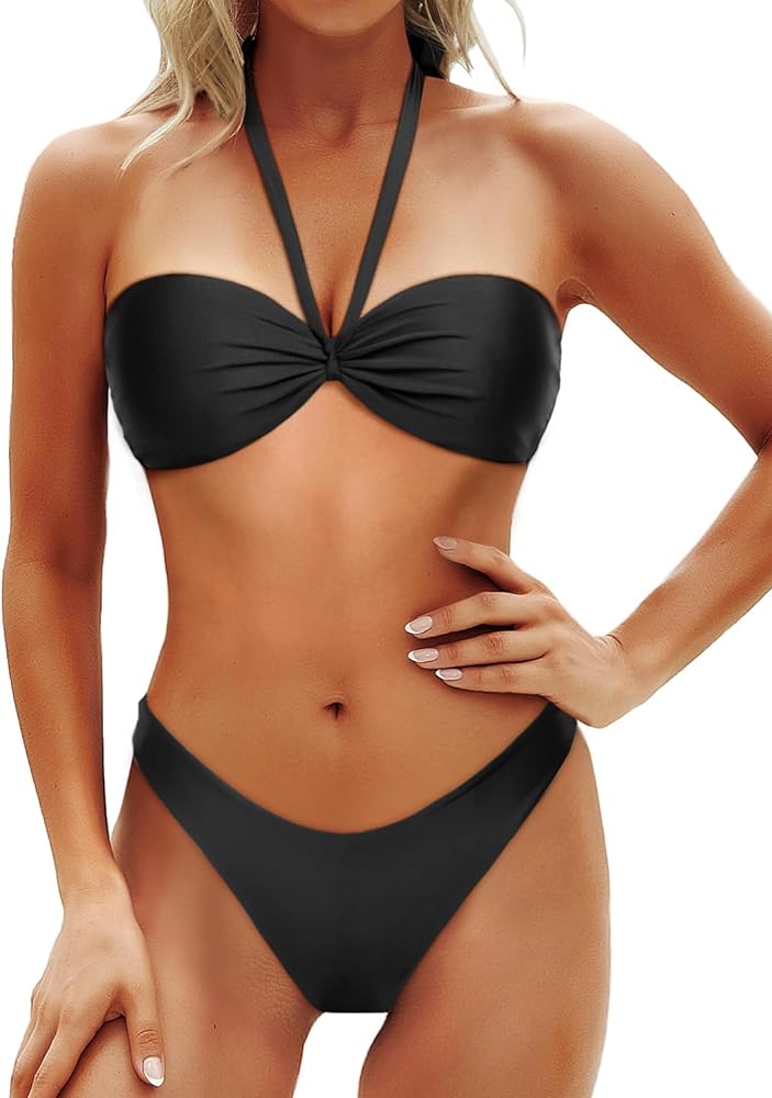 Tempt Me Women Halter Two Piece Bikini Set Sexy Bandeau Push Up Swimsuit with Cheeky Bottom Bathing Suits