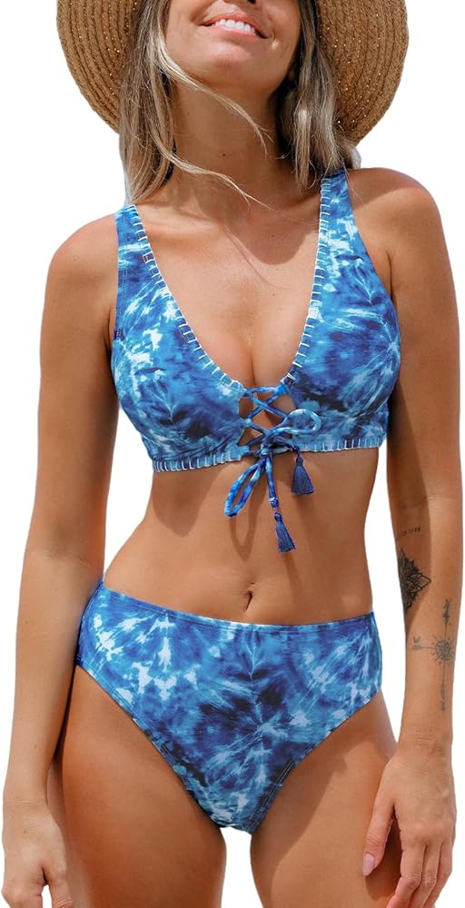 CUPSHE Women Bikini Sets Two Piece Swimsuits Deep V Neck Self Tie Paisley Reversible Mid Waisted Bikini Bottom