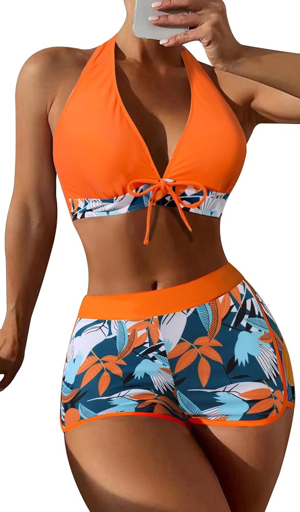 SEAUR Women's Two Piece Sexy Bikini Set Swimsuit Halter V Neck Top Floral Boyshorts Swimwear Bathing Suits