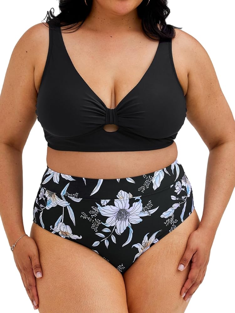 CUPSHE Women's Plus Size Swimsuit Two Piece Bathing Suit High Waisted Cutout Floral Bikinis with Back Hook