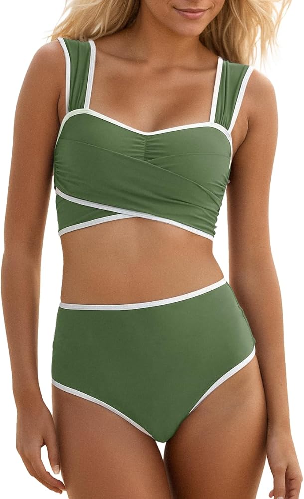 Saodimallsu High Waisted Bathing Suits for Women 2 Piece Bikini Sets Retro Wrap Tie Back Color Block Swimsuits