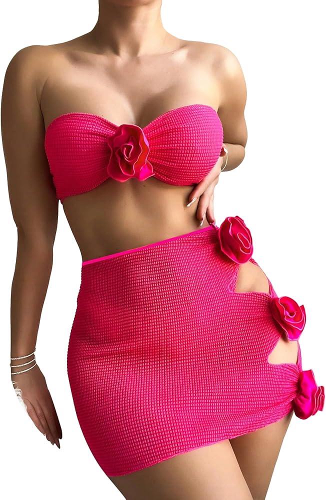 SweatyRocks Women's 3 Piece Bathing Suit Floral Design Strapless High Cut Bikini with Cover Up Skirts Swimsuit