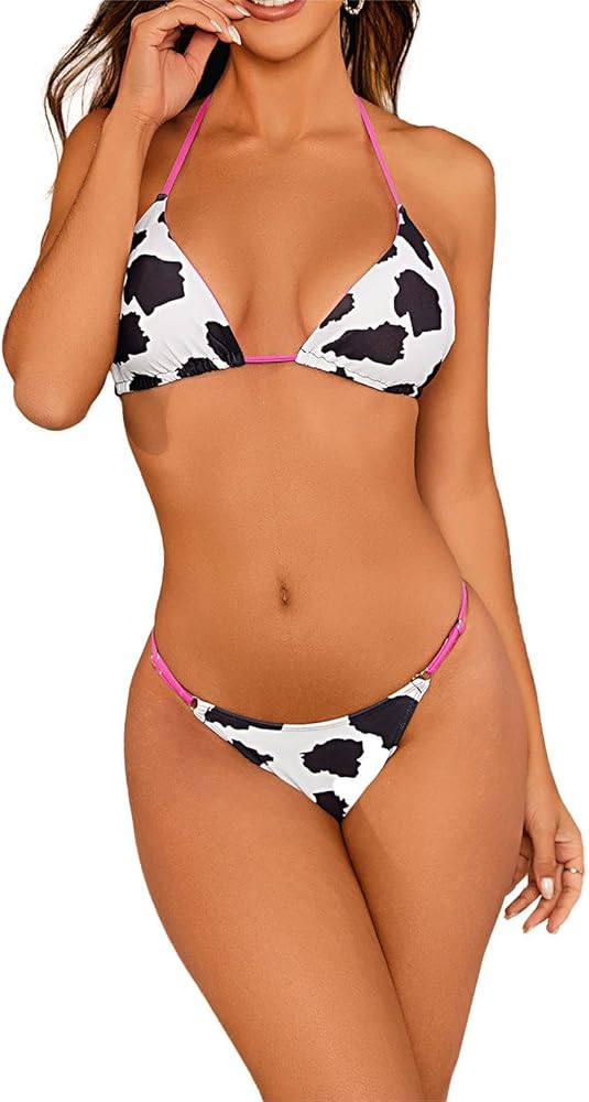 WDIRARA Women's 2 Piece Swimsuit Set Cow Print Halter Triangle Swimwear Bikini Set