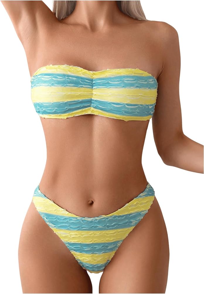 Floerns Women's Two Piece Bikini Swimsuit Striped Bandeau Top High Cut Bikini Sets