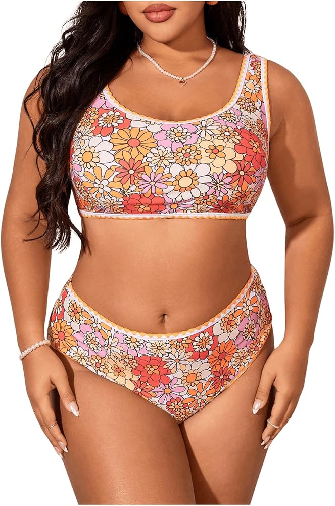 Floerns Women's Plus Size Bikini Sets Floral Print Contrast Tank Top High Waist Thong