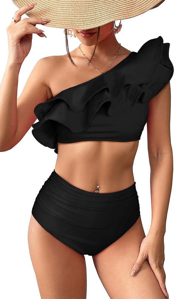 SPORLIKE Women High Waisted Swimsuit Flounce One Shoulder Bikini Padded Bathing Suit