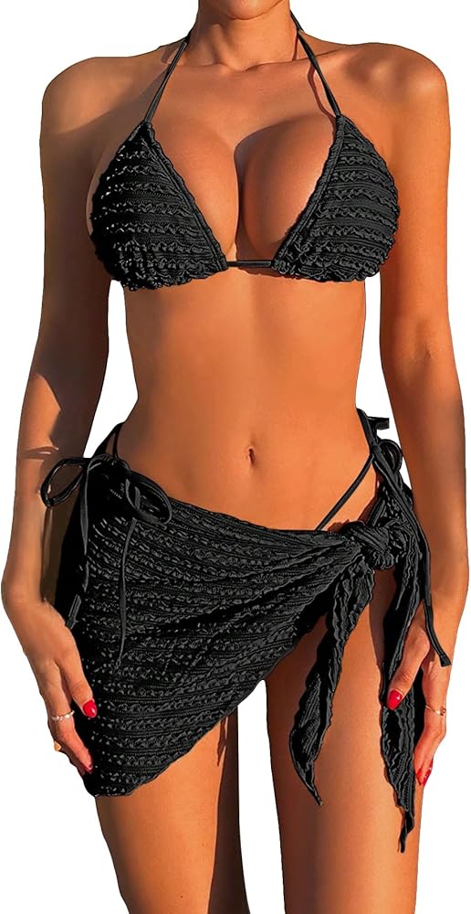 Verdusa Women's 3 Piece Textured Bikini Set Swimsuit with Sarongs Cover Up Skirt