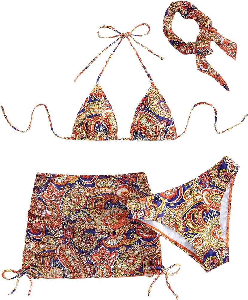 SHENHE Women's 4 Piece Paisley Swimsuit Halter Tie Back Sexy Triangle Bikini Sets with Cover Up