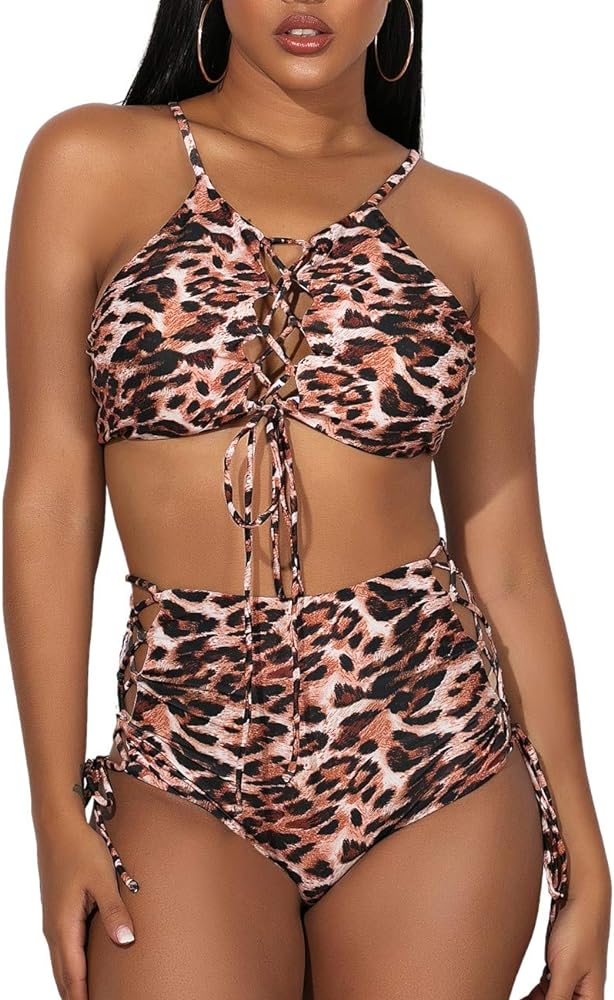 Women African Backless Bikini High Waist Tankini Bathing Suit Strap Swimsuit Set