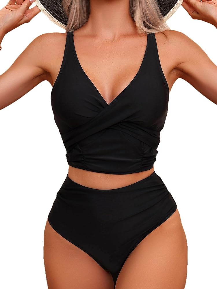 Women's High Waisted Bikini Sets V Neck Twist Front Swimsuit Two Piece Bathing Suits