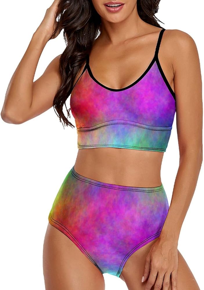 Abstract Rainbow Watercolor Women's Bikini Two Piece Set High Waisted Swimsuit Camisole and Underwear Bathing Suit