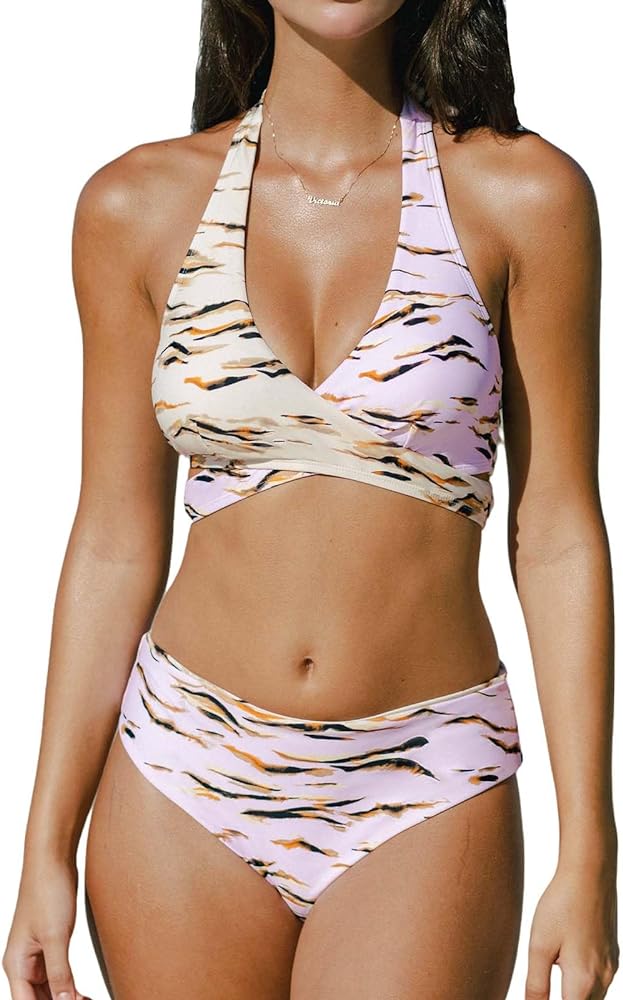 CUPSHE Women's Bikini Sets Two Piece Swimsuit Halter Deep V Neck Wrapped Back Hook Mid Rise Reversible Bottom