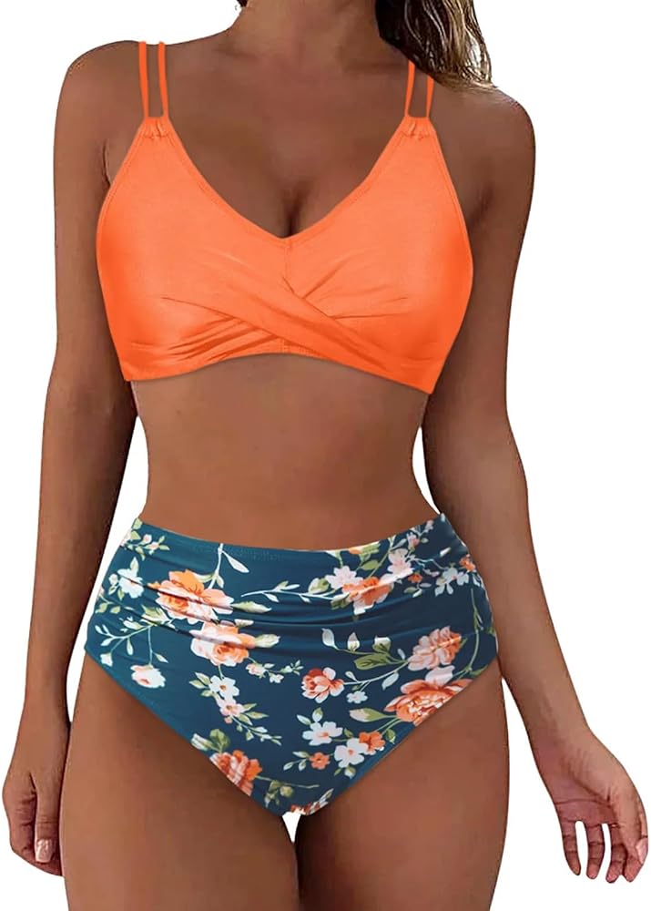 Womens High Waisted Bikini Sets Tummy Control Two Piece Swimsuits Twist Front Tops Ruched Bottoms Retro Bathing Suits