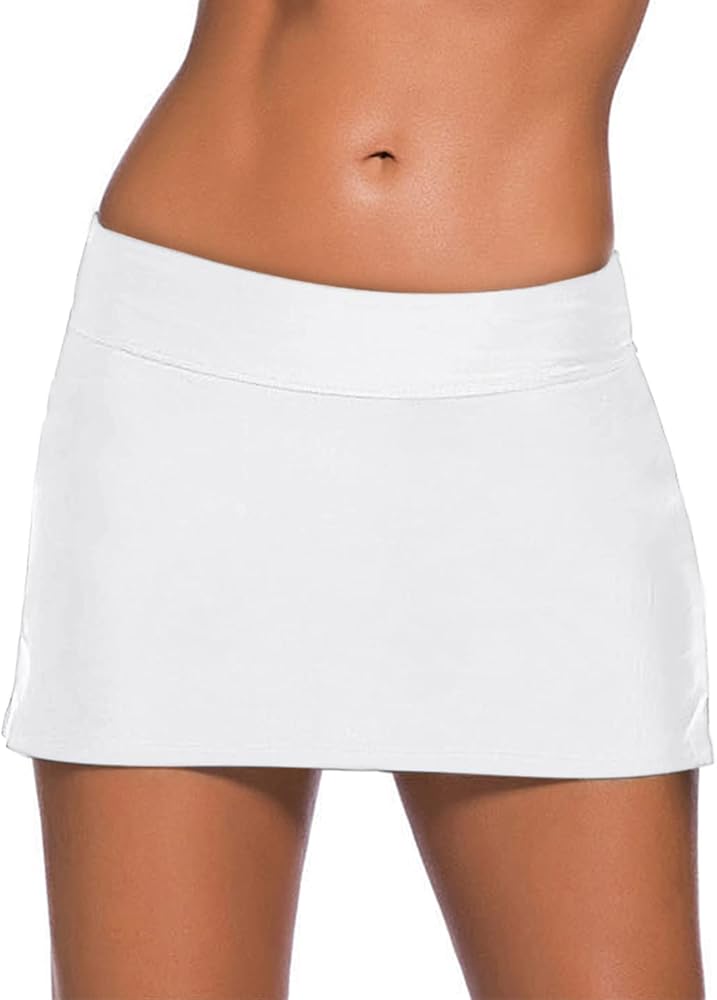 REKITA Women Swim Skirt Solid Color Waistband Skort Bikini Bottom