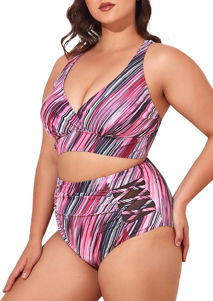 Summer Mae Women Plus Size Bikini High Waist Tummy Control Swimsuit V Neck Two Piece Bathing Suits