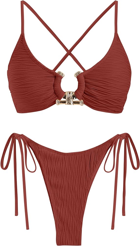 ZAFUL Women's Bikini Sets Ribbed Metal O Ring Criss Cross Two Piece Swimsuit Cheeky High Cut Side Tie Thong Bathing Suit