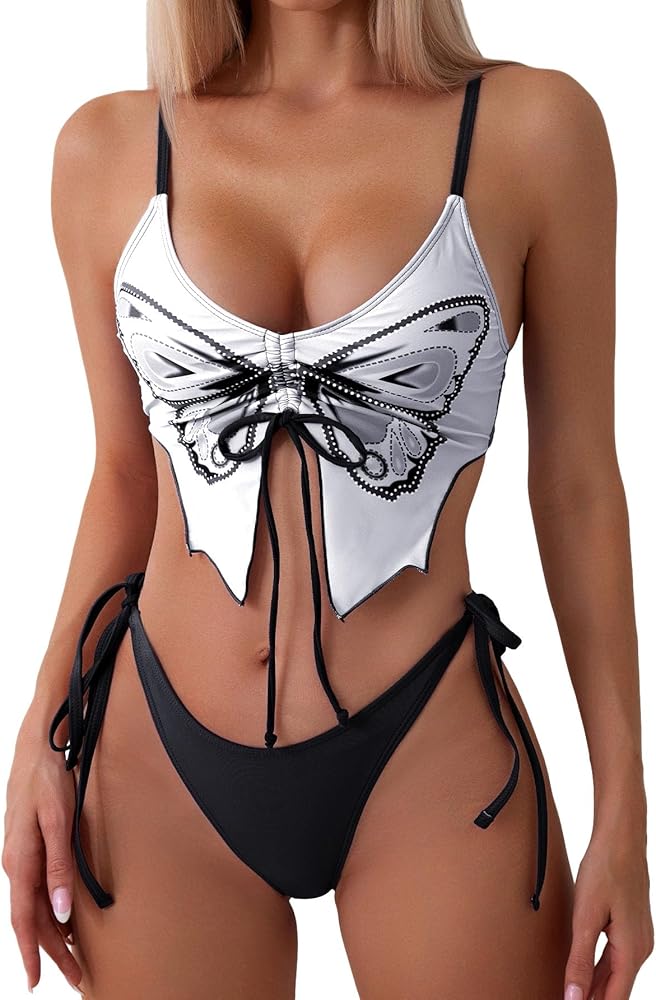 Floerns Women's 2 Piece Butterfly Print Cut Out Tie Front Swimsuit Bikini Set