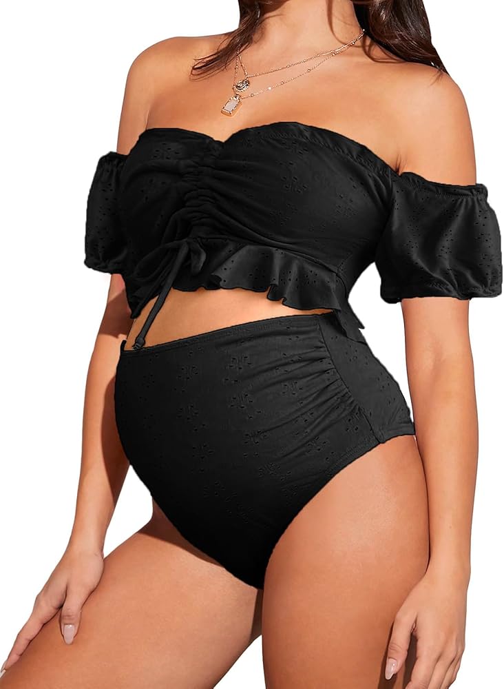 OYOANGLE Women's Maternity 2 Pieces High Waist Off Shoulder Ruffle Hem Bikini Set Swimsuit Pregnancy Swimwear