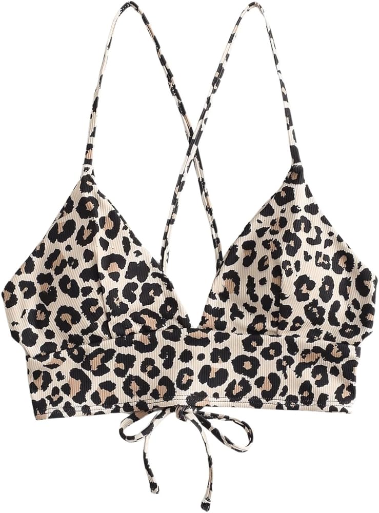 SHENHE Women's Leopard Criss Cross V Neck Bikini Top Animal Print Sexy Swimsuit Top