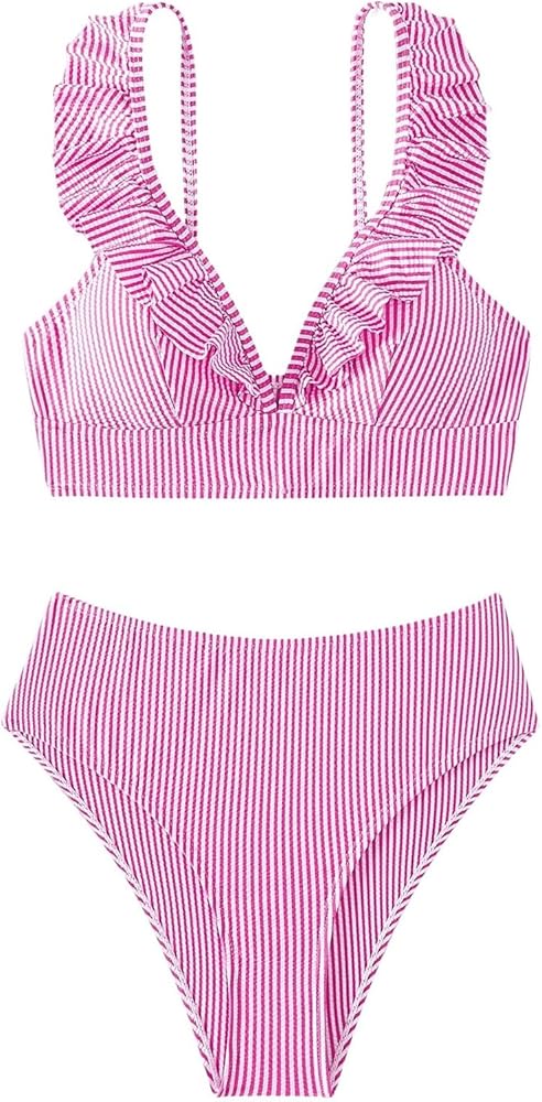 Floerns Women's Striped 2 Piece Ruffled Trim Crop Tops High Waist Thong Bikini Sets