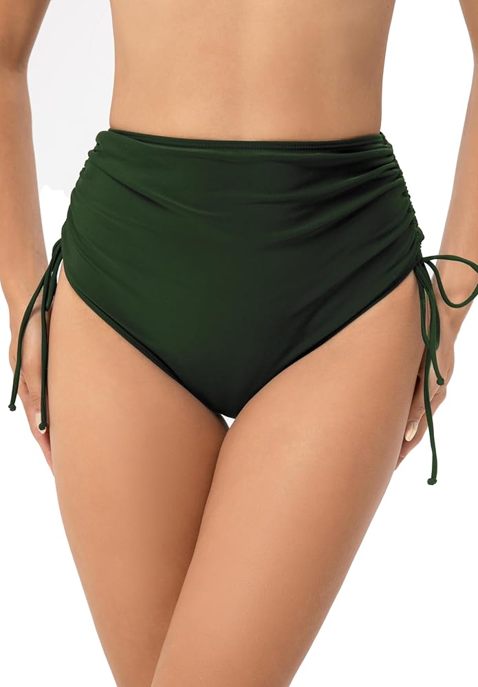 Women High Waisted Bikini Bottoms Full Coverage Swim Bottoms Side Tie Adjustable Bathing Suit Swimsuit Bottoms