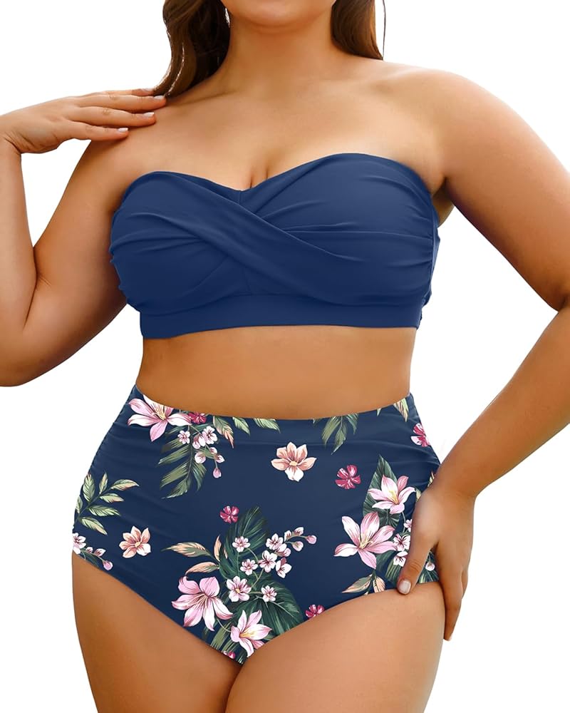 Yonique Women Plus Size Two Piece Swimsuits High Waisted Bathing Suits Bandeau Bikini Tummy Control Swimwear