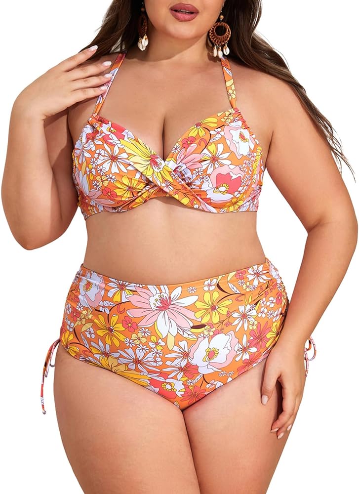 Hanna Nikole Women Plus Size Twist Front Halter V Neck Bikini Sets with High Waist Tummy Control Swimsuit