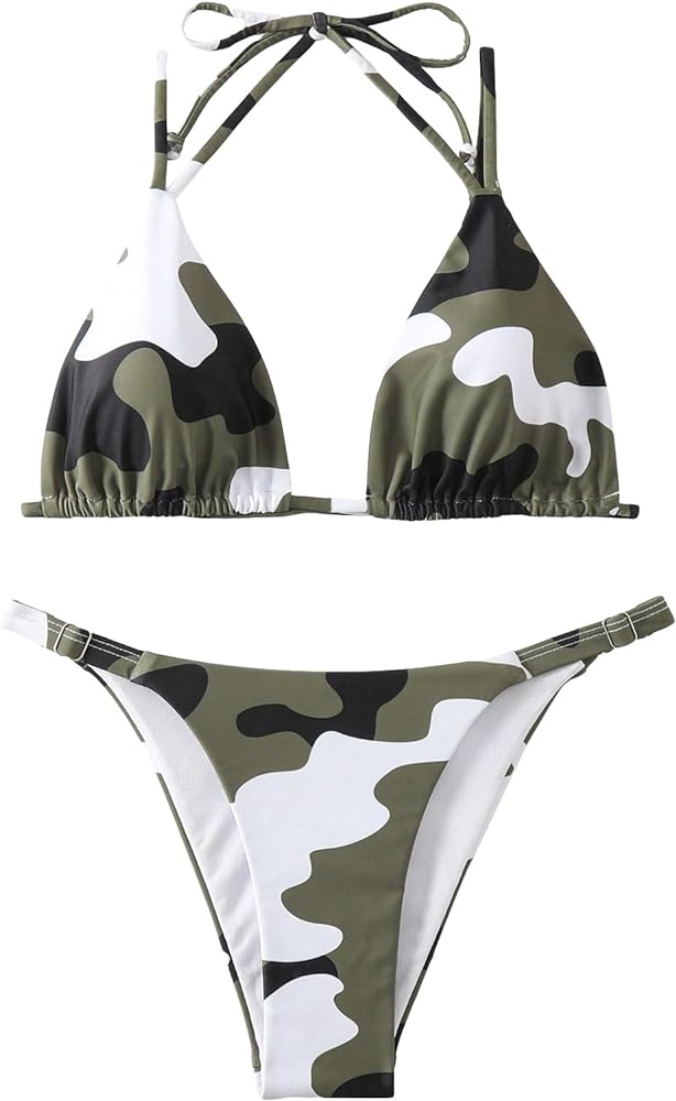 SHENHE Women's 2 Piece Swimsuit Camo Print Tie Backless Halter Triangle Bikini Set