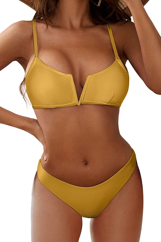 ZAFUL Women's High Cut Bikini Sets Ribbed V-Wire Cami Bikini Two Piece Swimsuit (1-Bee Yellow, L)