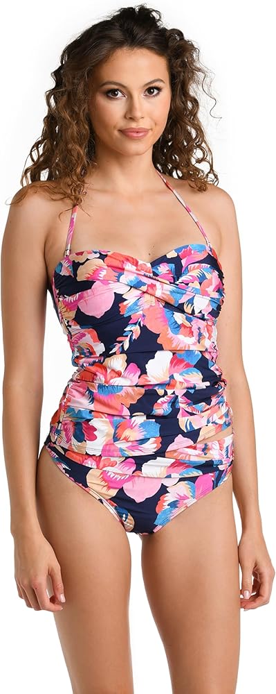 La Blanca Women's Bandeau Tankini Swimsuit Top, Indigo//Denim Bouquet, 8