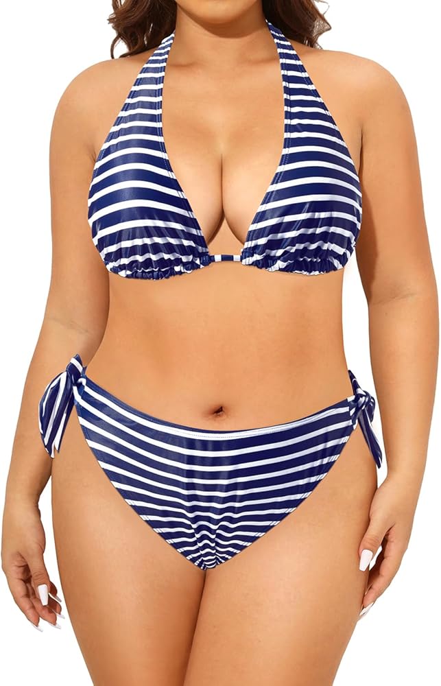 Tempt Me Women Plus Size Triangle Bikini Halter Two Piece Swimsuit Sexy Tie Side Bathing Suits