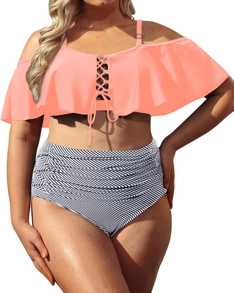 Daci Women Plus Size Bikini Sets High Waisted Ruffle Tummy Control Two Piece Swimsuit Off Shoulder Lace up Bathing Suit