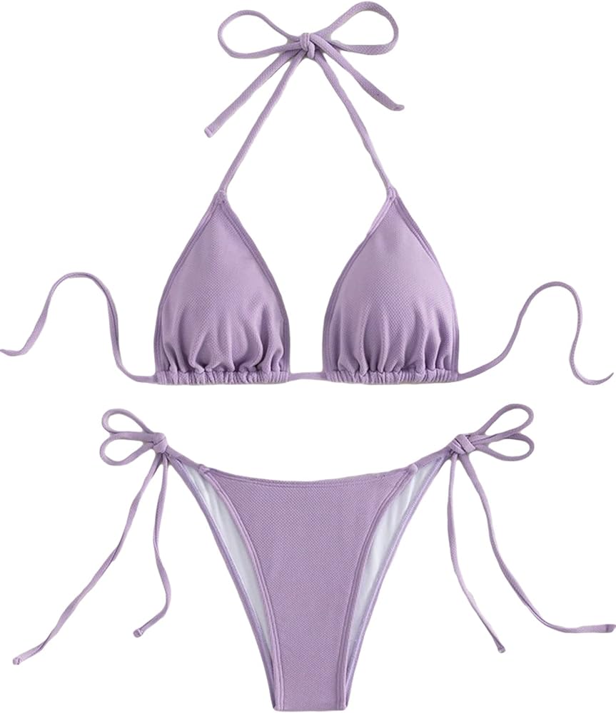 SHENHE Women's 2 Piece Swimsuit Halter Tie Side High Cut Sexy Triangle Bikini Set Solid Mauve Purple M